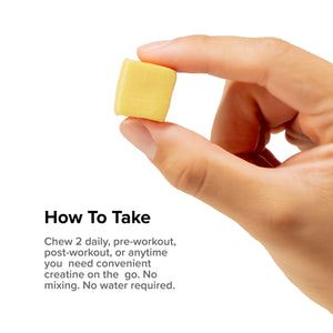 Hand holding a single Inno Supps Creatine Monohydrate Chew with directions to take two chews daily.