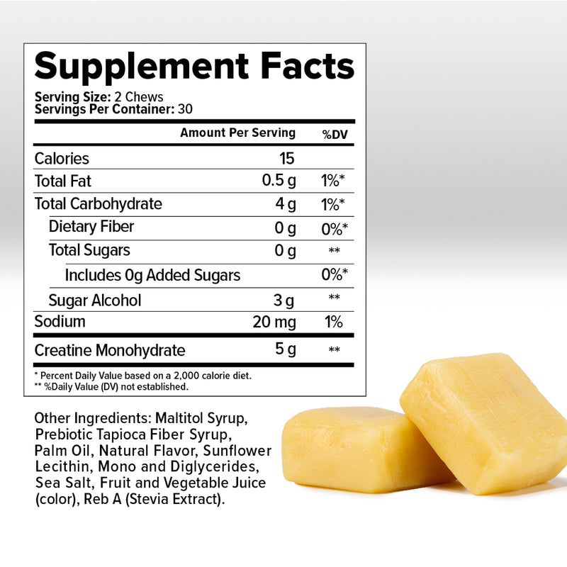 Supplement Facts label for Inno Supps Creatine Monohydrate Chews in Birthday Cake flavor, showing 5 grams of creatine per serving, zero added sugar, and 15 calories.