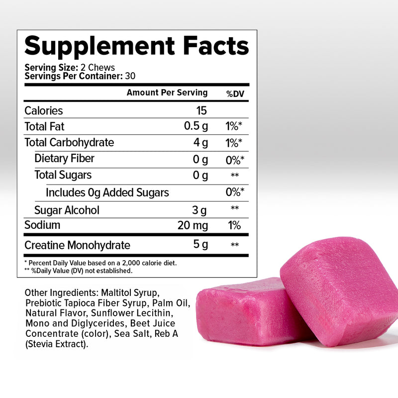 Supplement Facts label for Inno Supps Creatine Monohydrate Chews in Blackberry Cream flavor, showing 5 grams of creatine per serving, zero added sugar, and 15 calories.