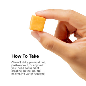 Hand holding a single Inno Supps Creatine Monohydrate Chew with directions to take two chews daily.