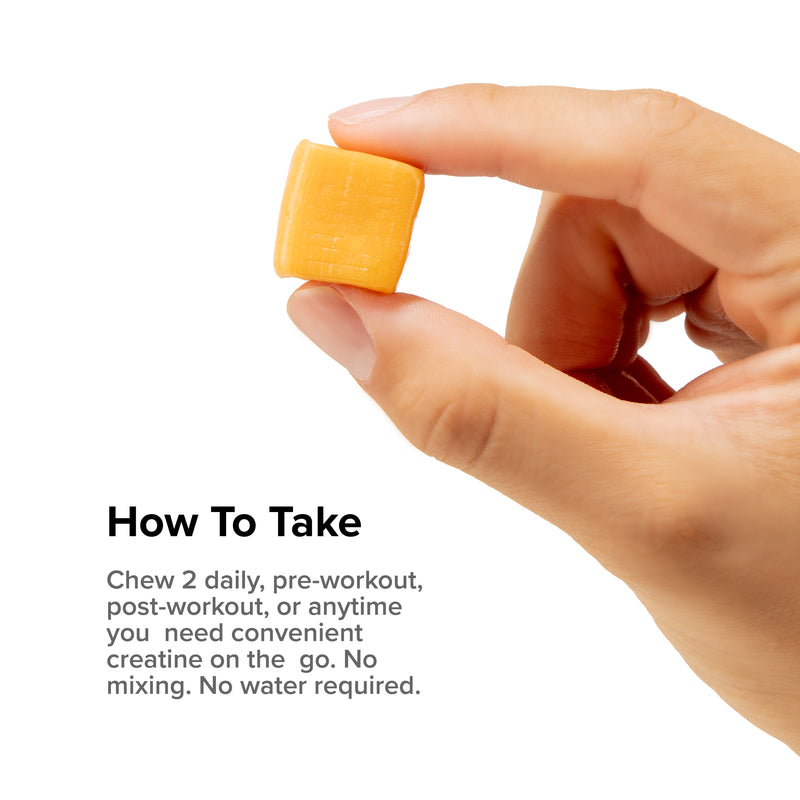 Hand holding a single Inno Supps Creatine Monohydrate Chew with directions to take two chews daily.