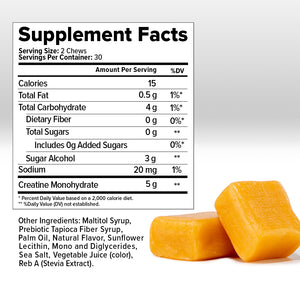 Supplement Facts label for Inno Supps Creatine Monohydrate Chews in Orange Creamsicle flavor, showing 5 grams of creatine per serving, zero added sugar, and 15 calories.