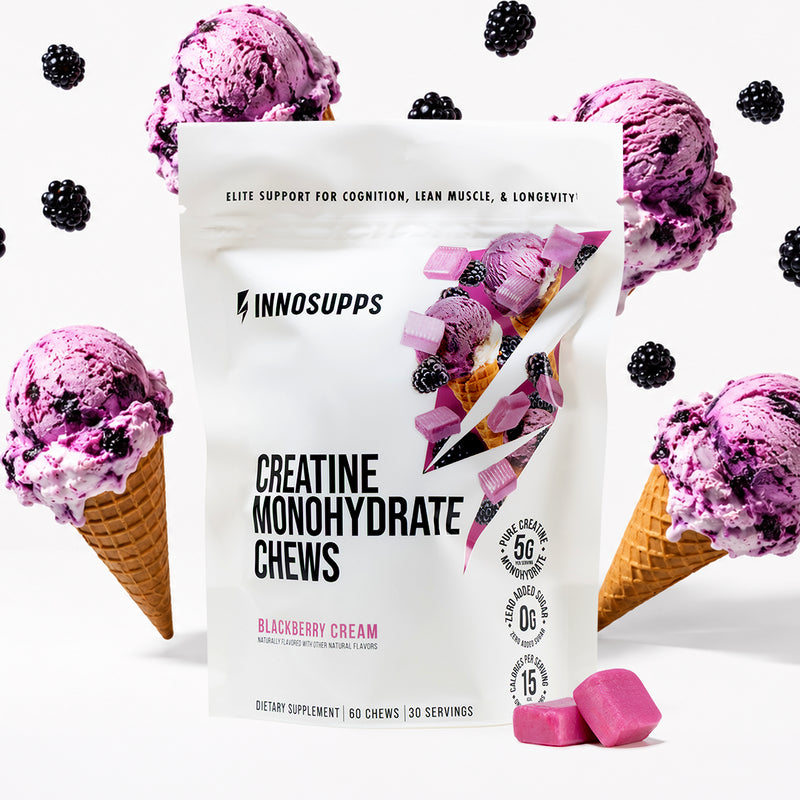 Inno Supps Blackberry Cream Creatine Monohydrate Chews pouch displayed with blackberry ice cream cones, fresh blackberries, and two purple creatine chews.