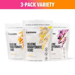 Three-pack variety featuring Inno Supps Birthday Cake, Orange Creamsicle, and Blackberry Cream Creatine Monohydrate Chews.