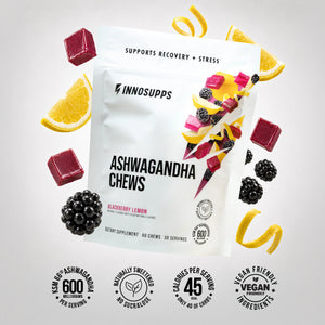 Inno Supps Ashwagandha Chews Blackberry Lemon pouch surrounded by blackberry pieces, lemon slices, and chew cubes. Icons highlight 600 mg KSM-66® Ashwagandha per serving, naturally sweetened with no sucralose, 45 calories per serving, and vegan-friendly ingredients.