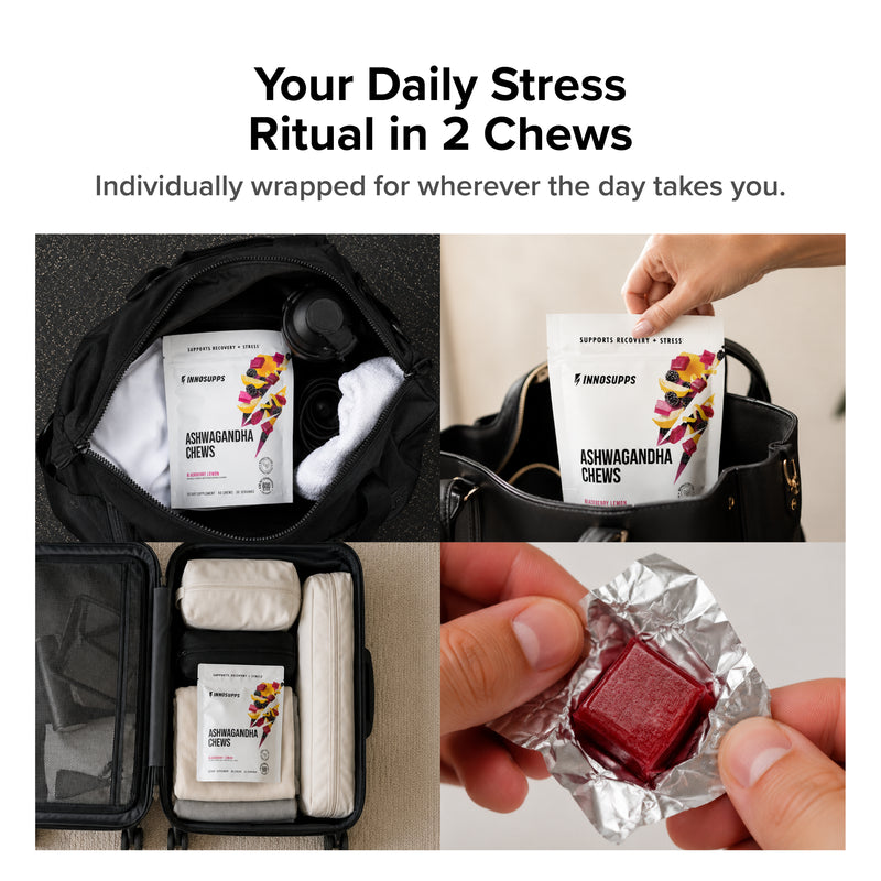 Collage showcasing the portability of Inno Supps Ashwagandha Chews, featuring the pouch stored in a gym bag and handbag, individually wrapped chews for on-the-go convenience, and a close-up of a single wrapped chew. Headline reads, “Your Daily Stress Ritual in 2 Chews.”