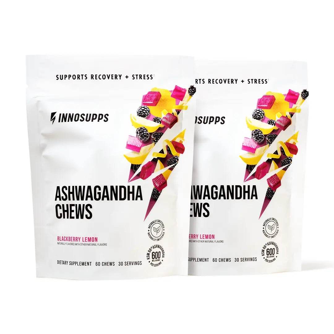 Two pouches of Inno Supps Ashwagandha Chews in Blackberry Lemon flavor.